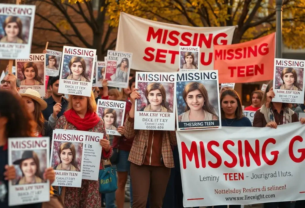 Community members holding signs for a missing teenager