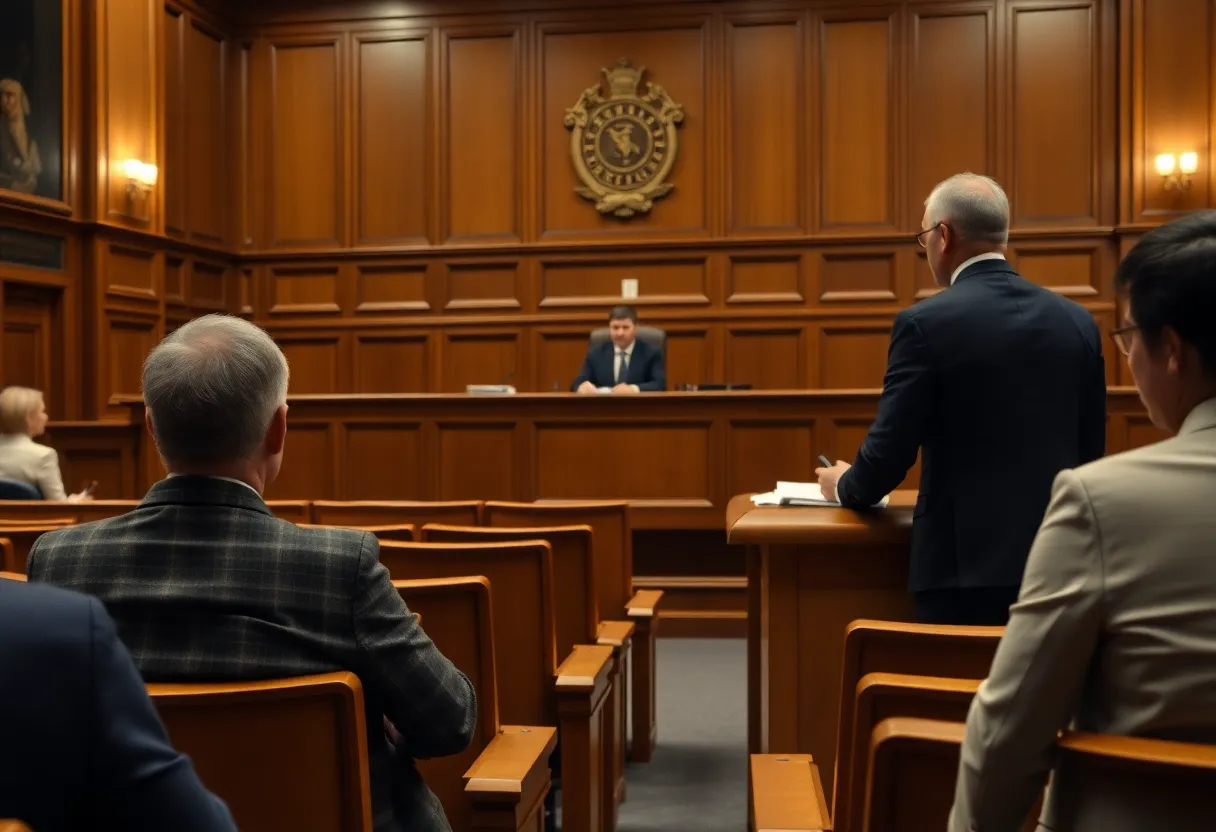 A courtroom setup for a bond hearing with a judge's bench and empty jury box.