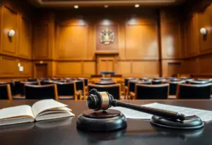 Somber courtroom setting with gavel and legal documents