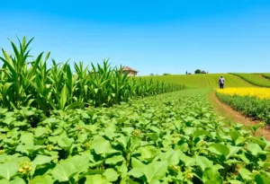 Farmers in a diverse agricultural landscape celebrating growth