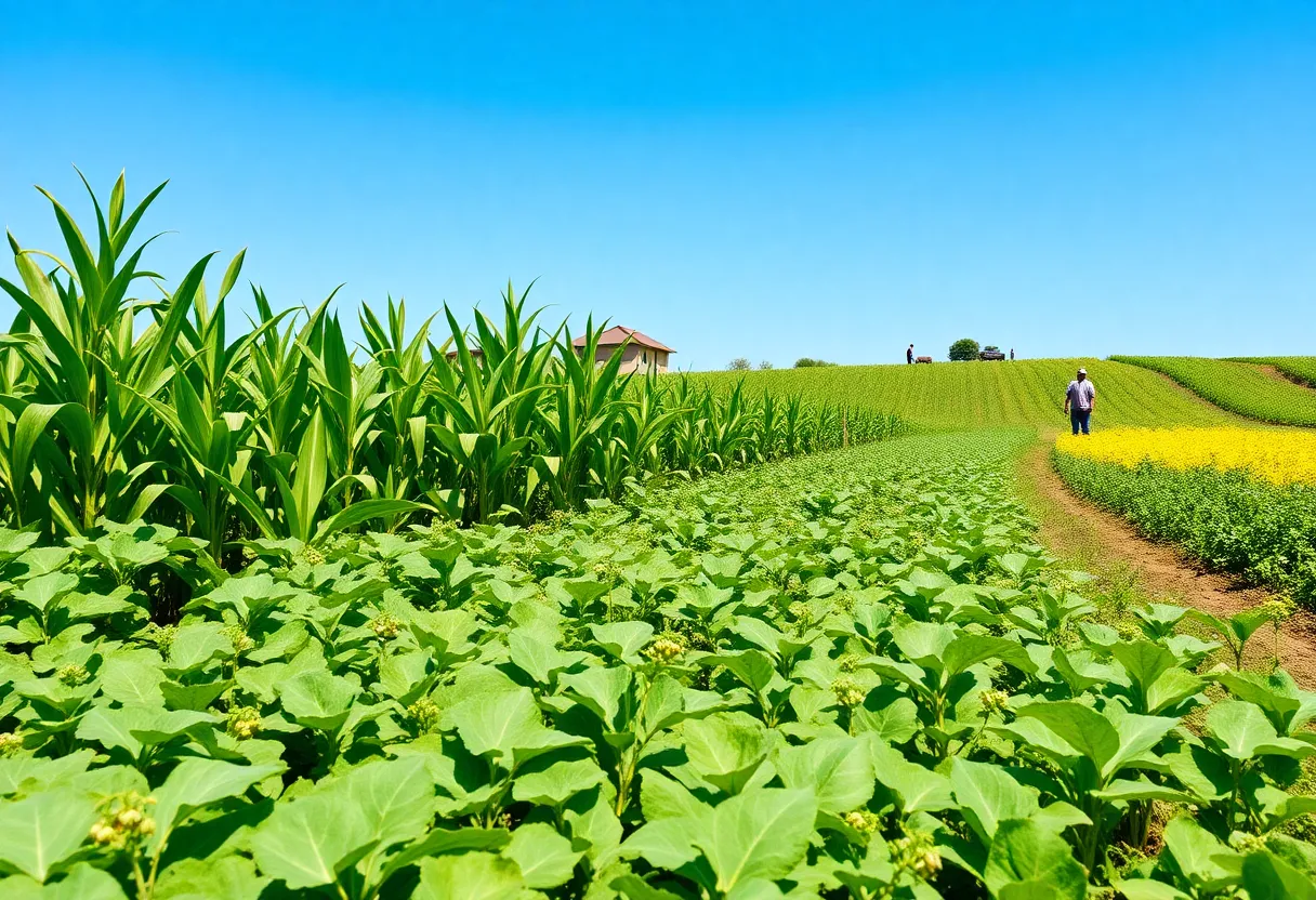 Farmers in a diverse agricultural landscape celebrating growth