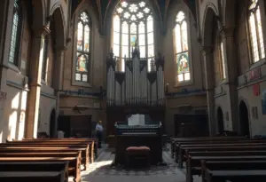 A damaged church organ inside a sanctuary
