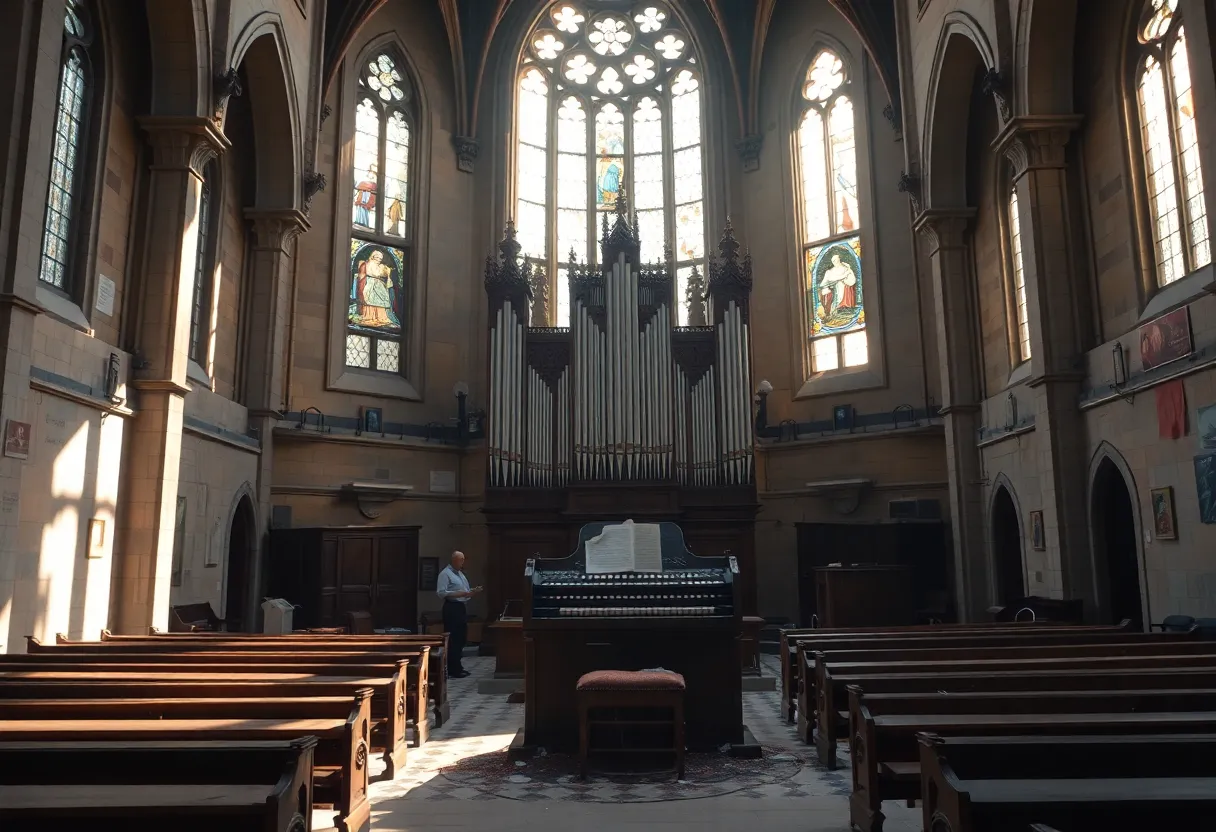 A damaged church organ inside a sanctuary