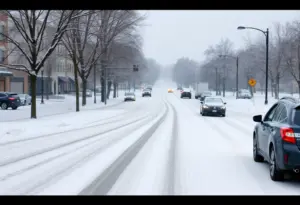 A snowy street view in Lexington, Kentucky during December snowfall