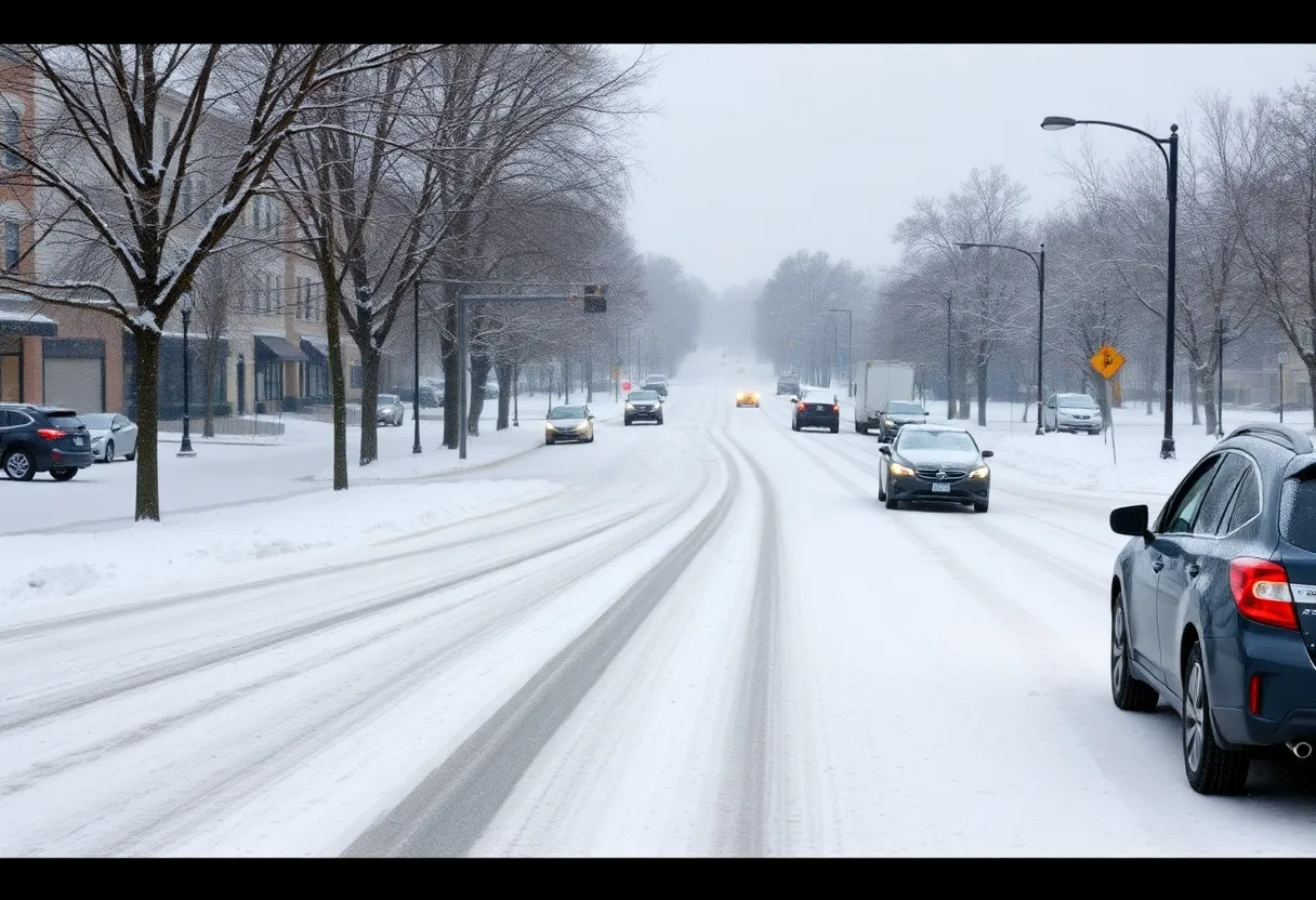 A snowy street view in Lexington, Kentucky during December snowfall