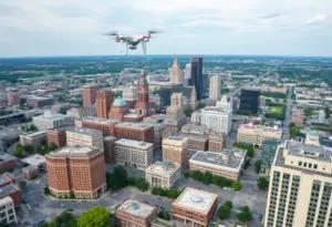 Aerial drones flying over the city of Lexington during an emergency response training.