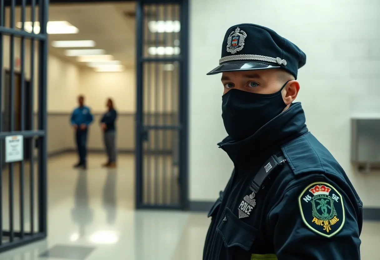 Police officer inspecting narcotics during jail intake