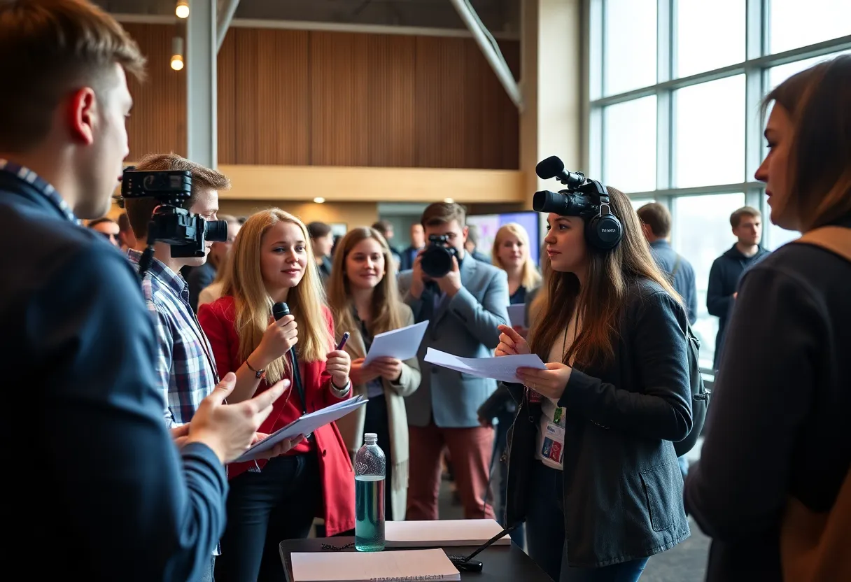 Aspiring journalists at an equine journalism internship event discussing horse racing media