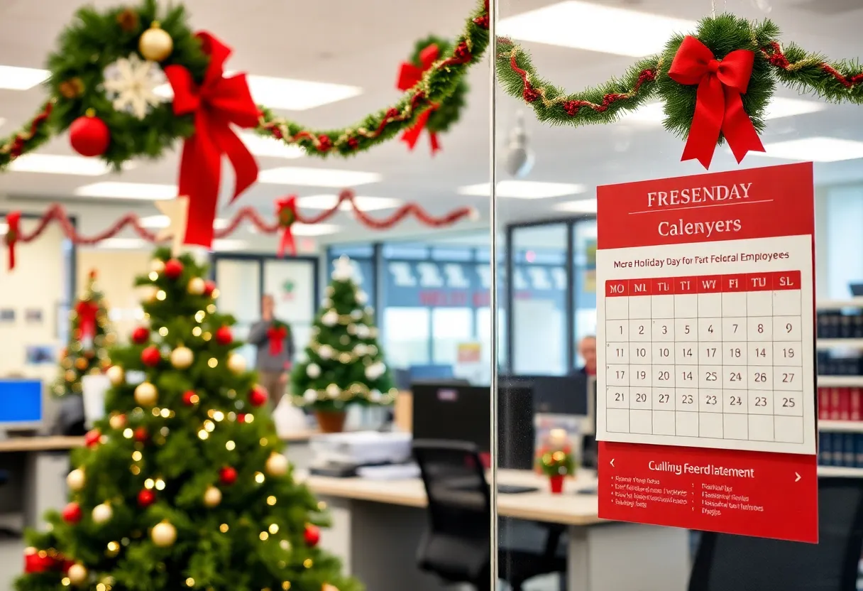 Christmas holiday decorations in an office, celebrating extended holidays for federal workers.