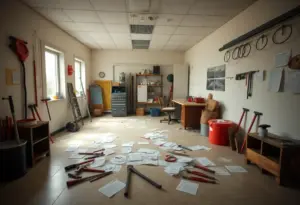Empty office of Fast Flow Plumbing & Restoration showing tools and paperwork.