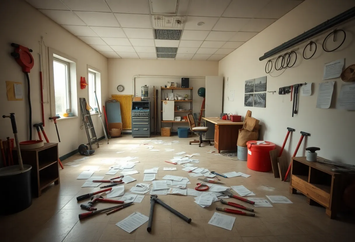 Empty office of Fast Flow Plumbing & Restoration showing tools and paperwork.