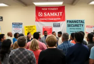 Community gathering discussing financial scam awareness in Lexington