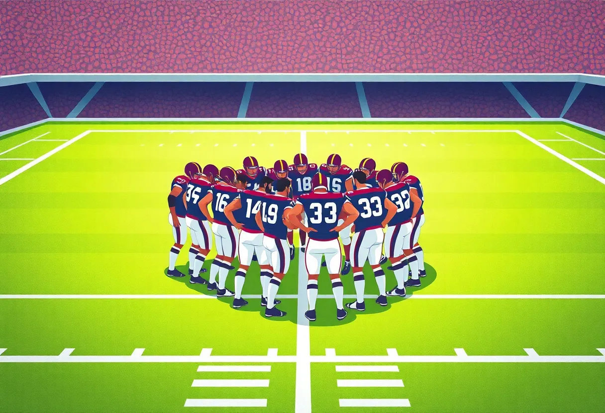 Football team strategizing on the field