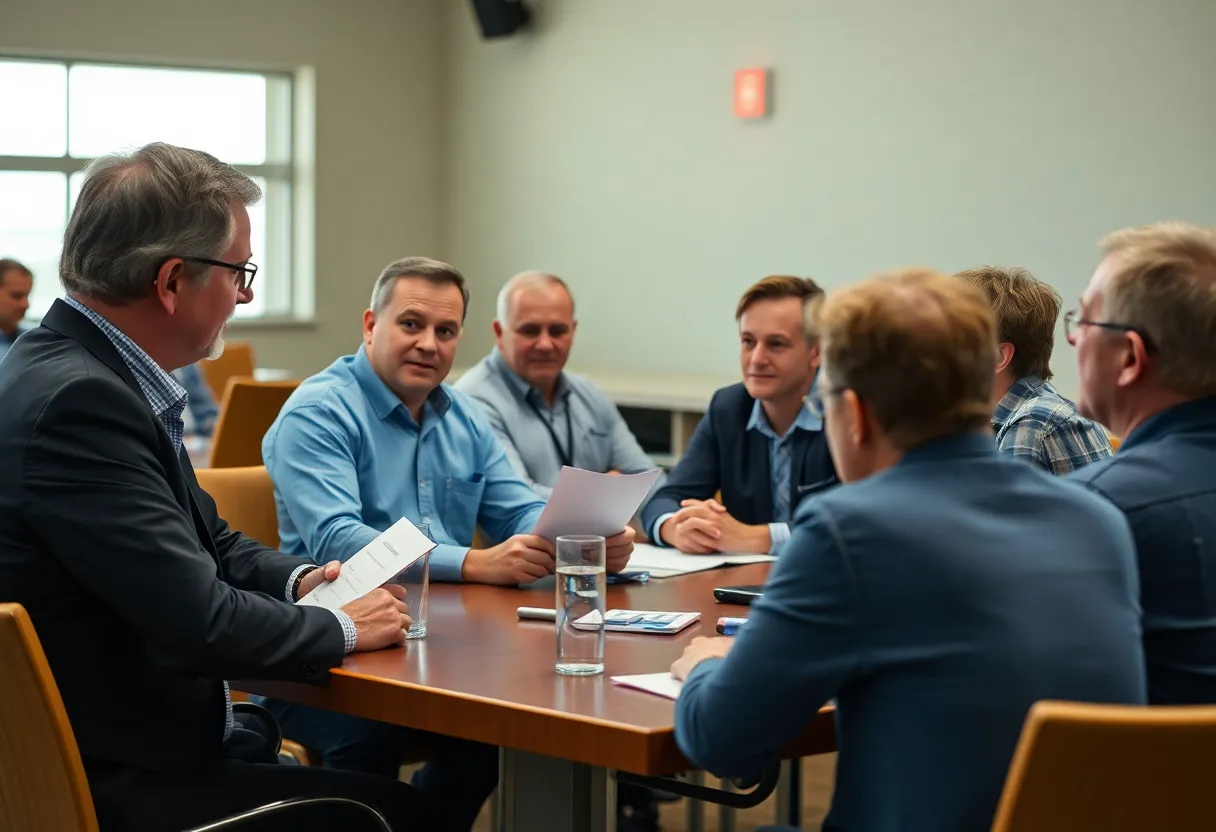 Diverse group discussing horse racing integrity
