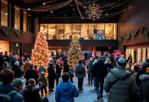 Snowy celebration at UK College of Fine Arts with festive decorations.