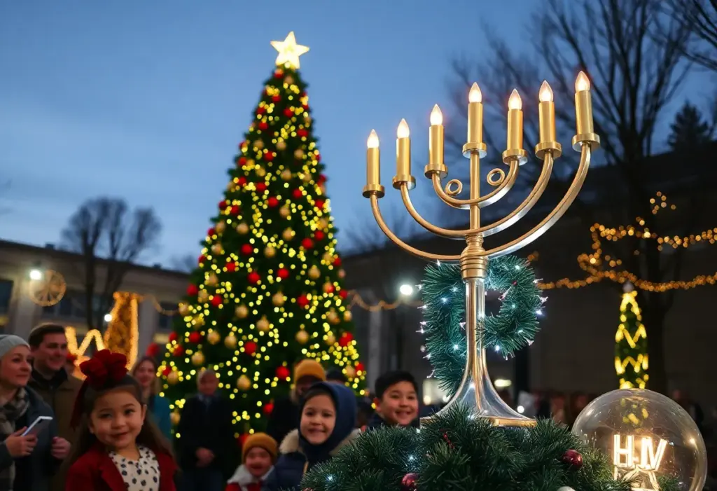 Illuminated Christmas tree and menorah at Lexington holiday event