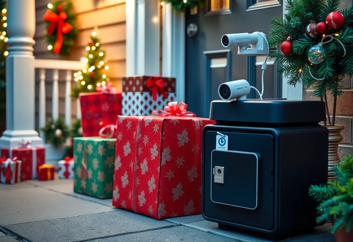 Packages secured on a porch with a security camera and lockbox