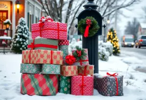 A stack of holiday packages near a mailbox in Lexington, Kentucky