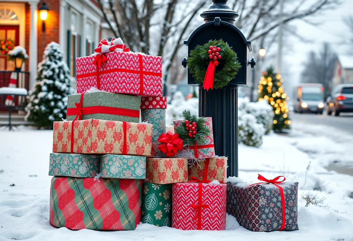 A stack of holiday packages near a mailbox in Lexington, Kentucky