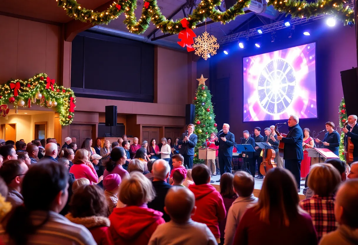 Community members enjoying a holiday concert with festive decorations.