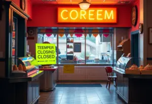 Interior view of a homemade ice cream and pie shop showcasing ice cream flavors and desserts.
