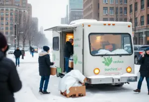 Mobile outreach vehicle providing assistance to the homeless in winter snow