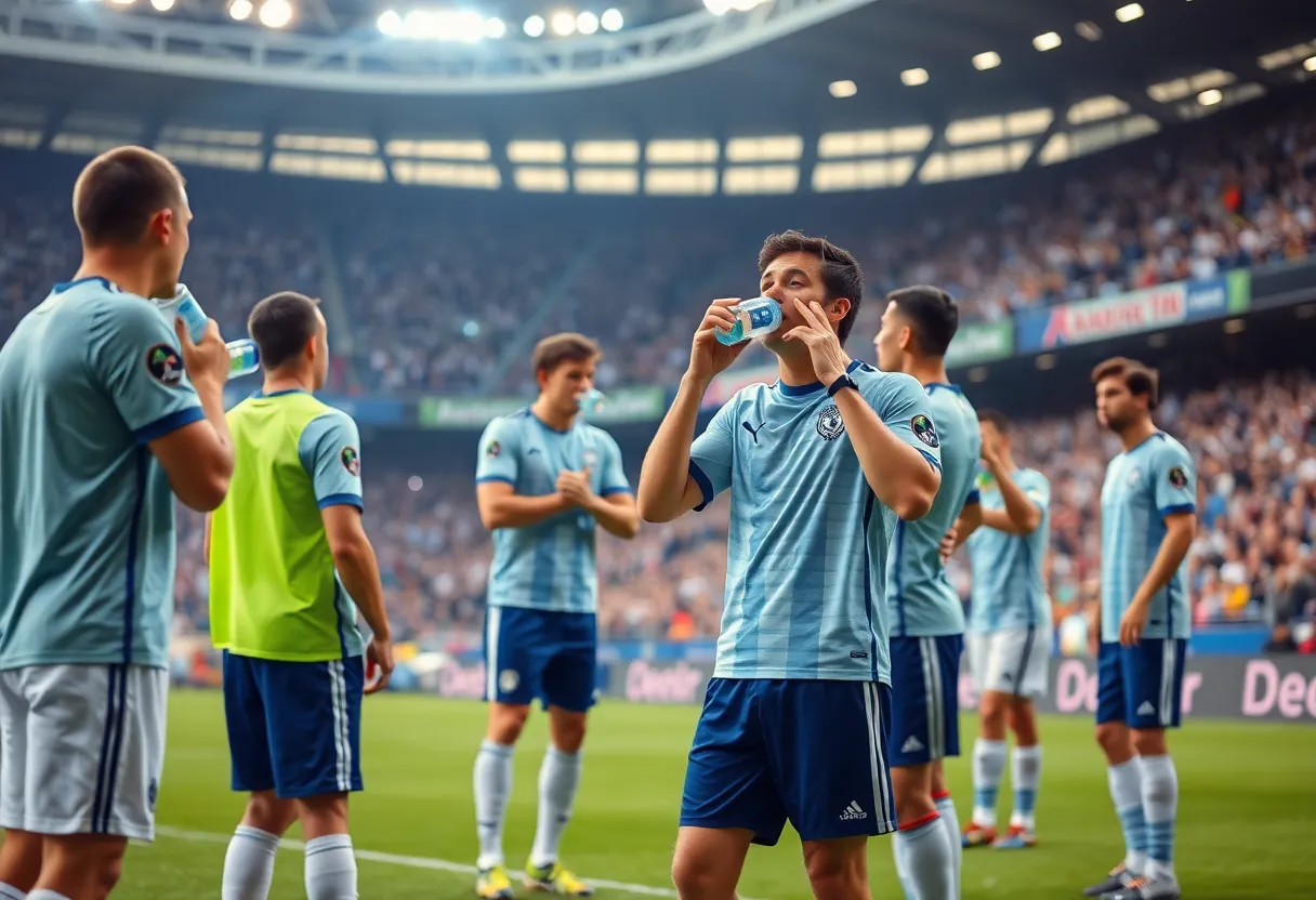 Soccer players taking a hydration break on the field during the World Cup.