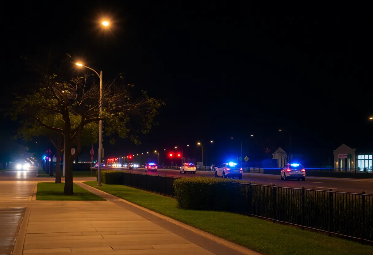 Police lights flashing at a shooting investigation scene