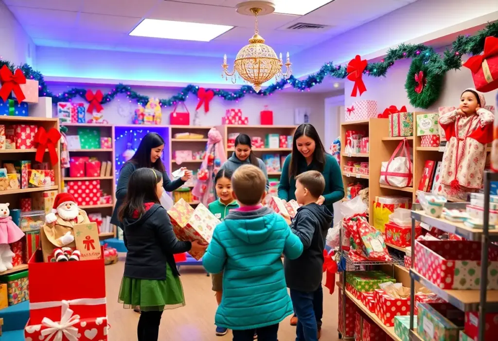 A holiday store inside Golisano Children's Hospital with children selecting gifts.