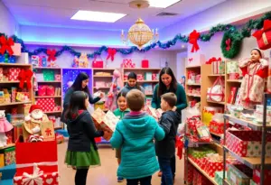 A holiday store inside Golisano Children's Hospital with children selecting gifts.