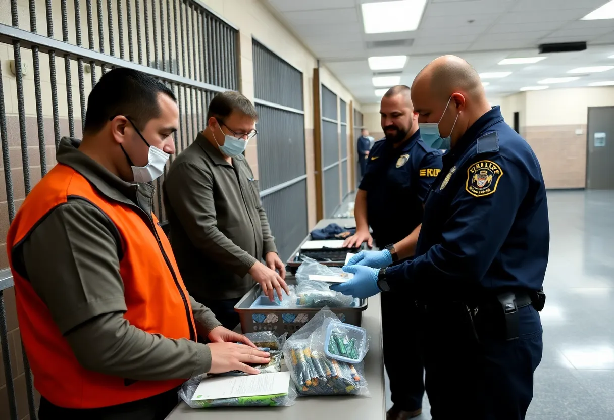 Security personnel inspecting items at a correctional facility