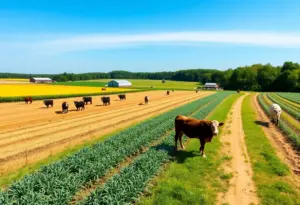 A scenic view of Kentucky's agricultural fields with livestock and crops.