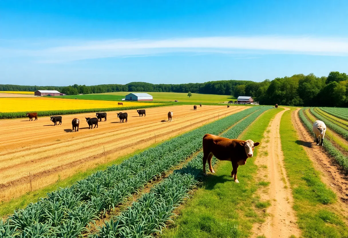 A scenic view of Kentucky's agricultural fields with livestock and crops.