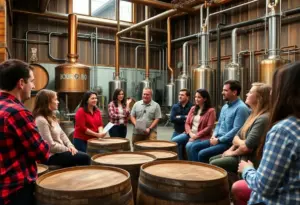 Participants engaging in a leadership training session at the Kentucky Distillers' Academy surrounded by Bourbon barrels.