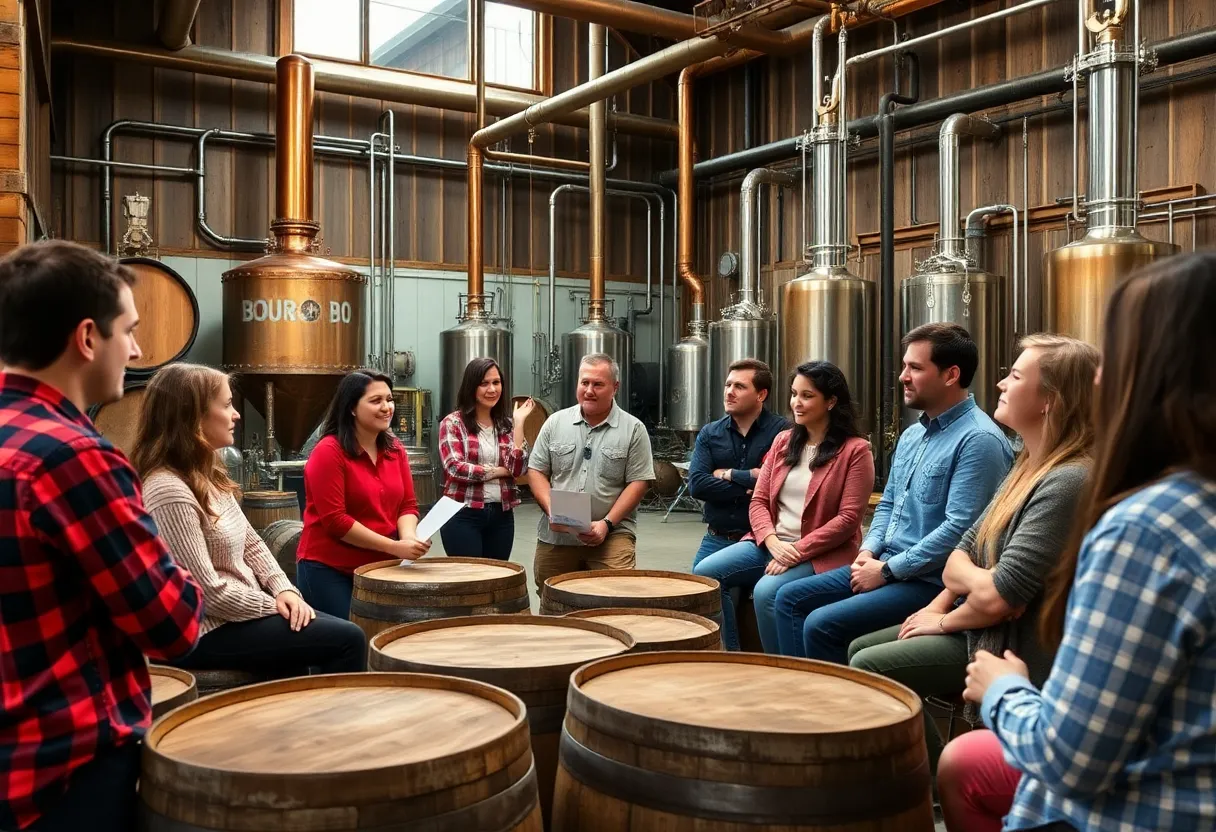 Participants engaging in a leadership training session at the Kentucky Distillers' Academy surrounded by Bourbon barrels.