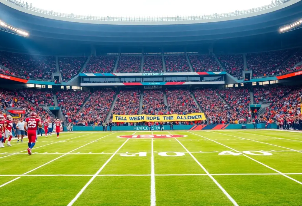Football field with enthusiastic fans cheering
