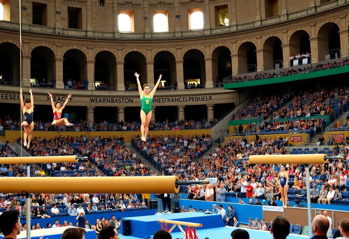 Gymnasts performing in the Blue-White Meet at the Historic Memorial Coliseum