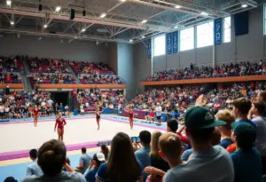 Gymnasts performing at the Kentucky Blue-White Meet