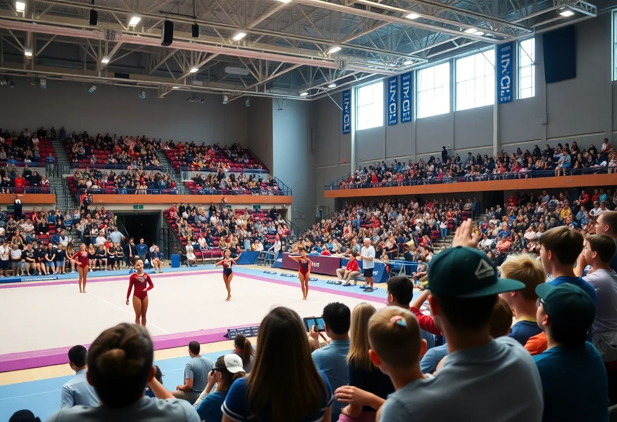 Gymnasts performing at the Kentucky Blue-White Meet