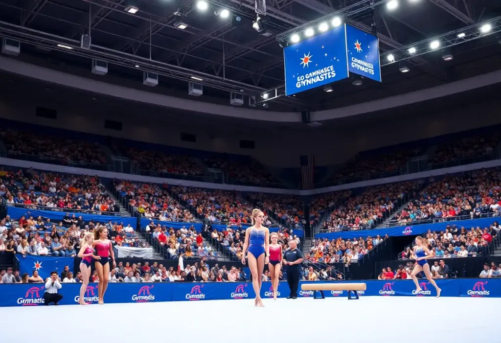 Gymnasts performing routines at the Kentucky Gymnastics Blue-White Meet in Historic Memorial Coliseum