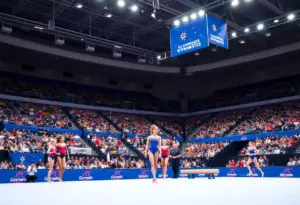 Gymnasts performing routines at the Kentucky Gymnastics Blue-White Meet in Historic Memorial Coliseum