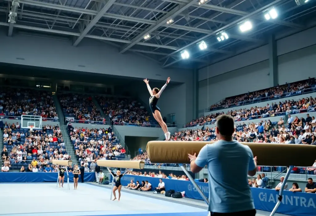 Gymnasts performing at the UK Blue-White Meet in Lexington