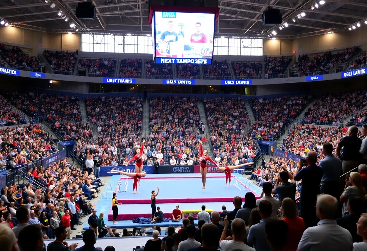 Gymnasts performing at the Kentucky Gymnastics Blue-White Meet