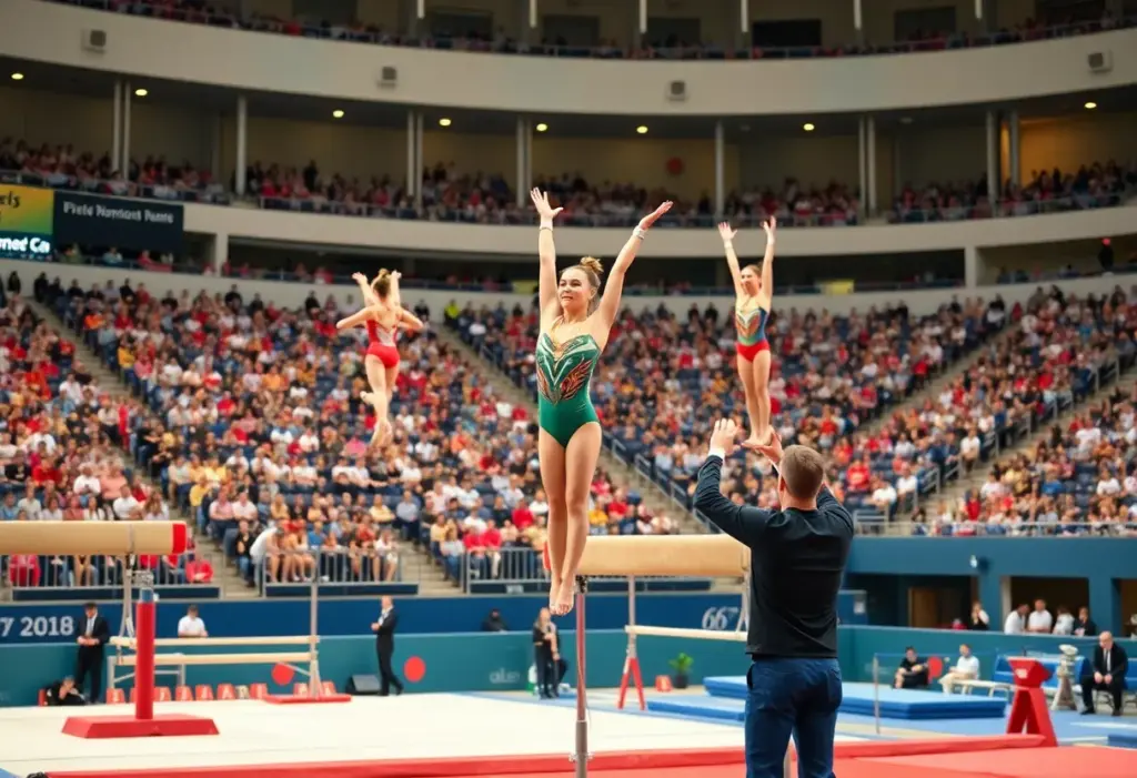 Gymnasts performing at the Kentucky Gymnastics Blue-White Meet