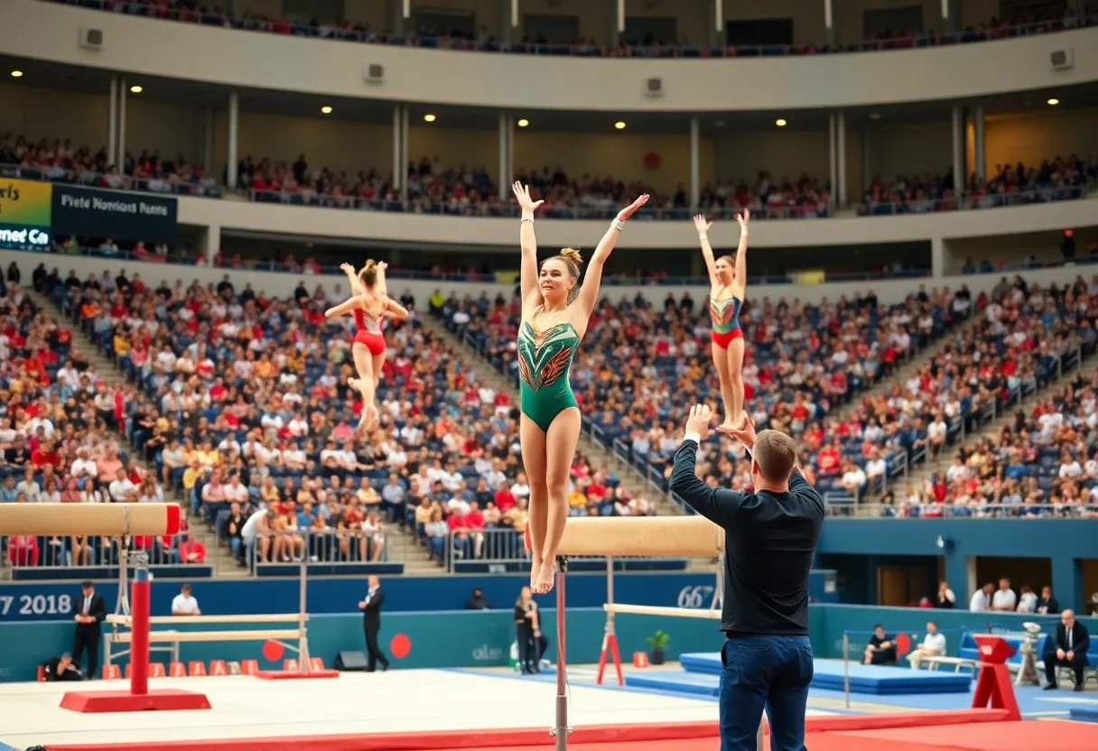 Gymnasts performing at the Kentucky Gymnastics Blue-White Meet