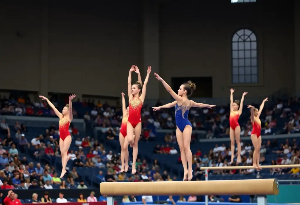 Gymnasts performing at the Kentucky gymnastics Blue-White Meet