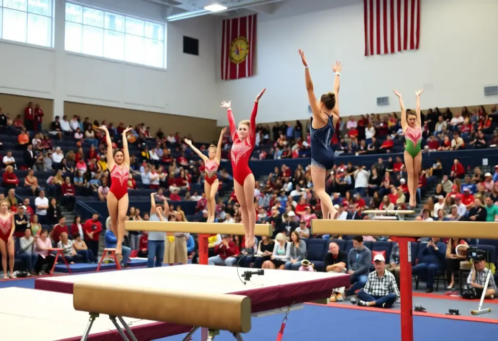Gymnasts performing at the Kentucky Gymnastics Blue-White Meet