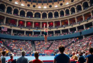 Gymnasts performing at the Blue-White Meet in Lexington, KY