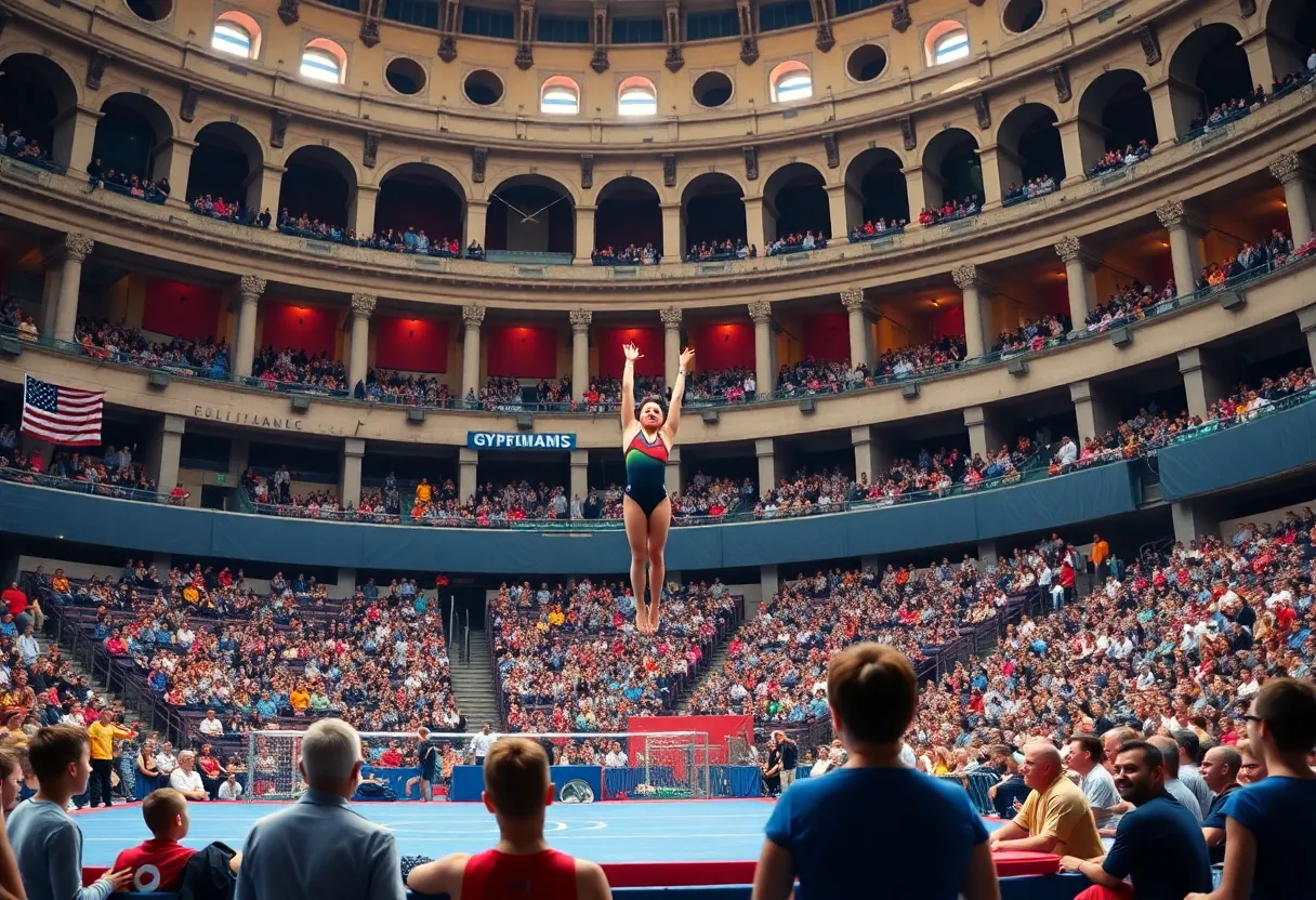 Gymnasts performing at the Blue-White Meet in Lexington, KY