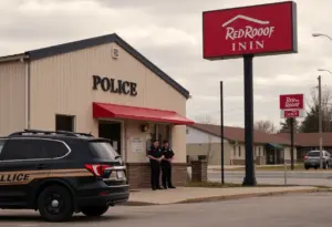 A police station in Kentucky adjacent to a Red Roof Inn.